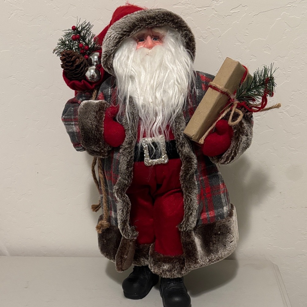 Plaid Santa Claus Figurine with Red Suit